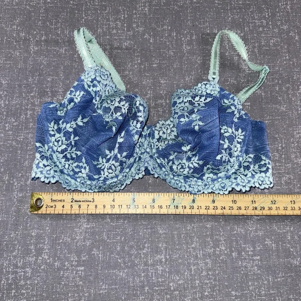 Wacoal Bra Womens 34D Blue Lace Balconette Underwire Unlined Sheer Floral 65191